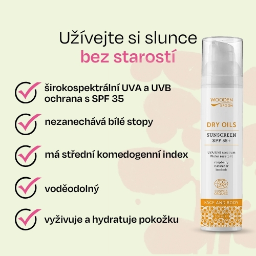Opalovací mléko na obličej a tělo se suchými oleji SPF 35+ Wooden Spoon 100ml