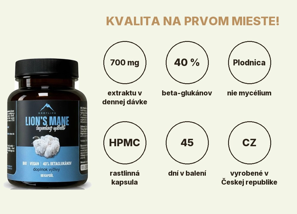 Lion´s mane Hrotlife: 700 mg extraktu v dennej dávke, 40 % beta-glukánov, extrakt z plodnice, rastlinná kapsula, 45 dní, vyrobené v Českej republike