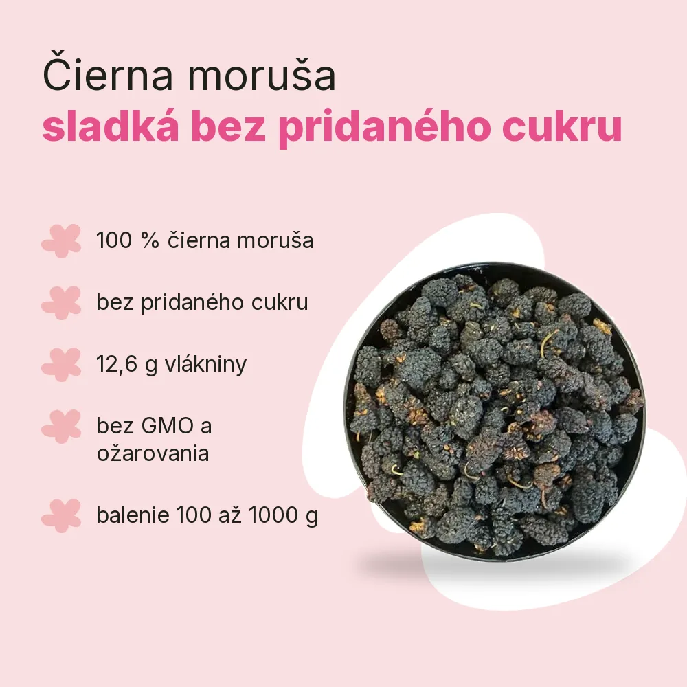 Moruša čierna sušená Emerosa, výhody: 100 % čierna moruša, bez pridaného cukru, 12,6 g vlákniny, bez GMO a ožarovania, balenie 100 až 1000 g