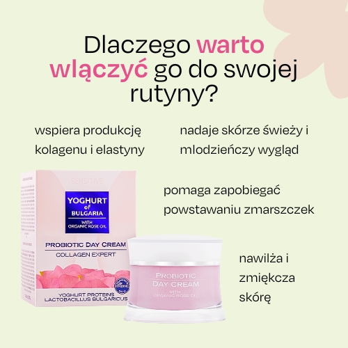 Dzienne krem do twarzy z kolagenem probiotyczny z organicznym olejkiem różanym YOGHURT OF BULGARIA 50 ml