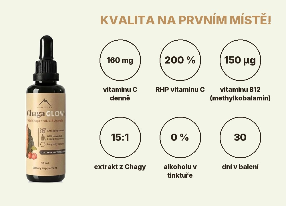 Chagaglow tinktura Hrotlife: 160 mg vitaminu C (200 % RHP), 150 µg vitaminu B12, 300 mg extraktu z Chagy 15:1, bez alkoholu, 2 ml denně, 30 dní