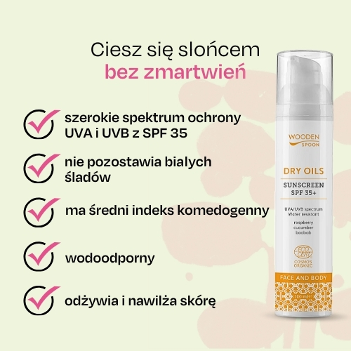 Mleczko do opalania do twarzy i ciała z suchymi olejkami SPF 35+ Wooden Spoon 100ml