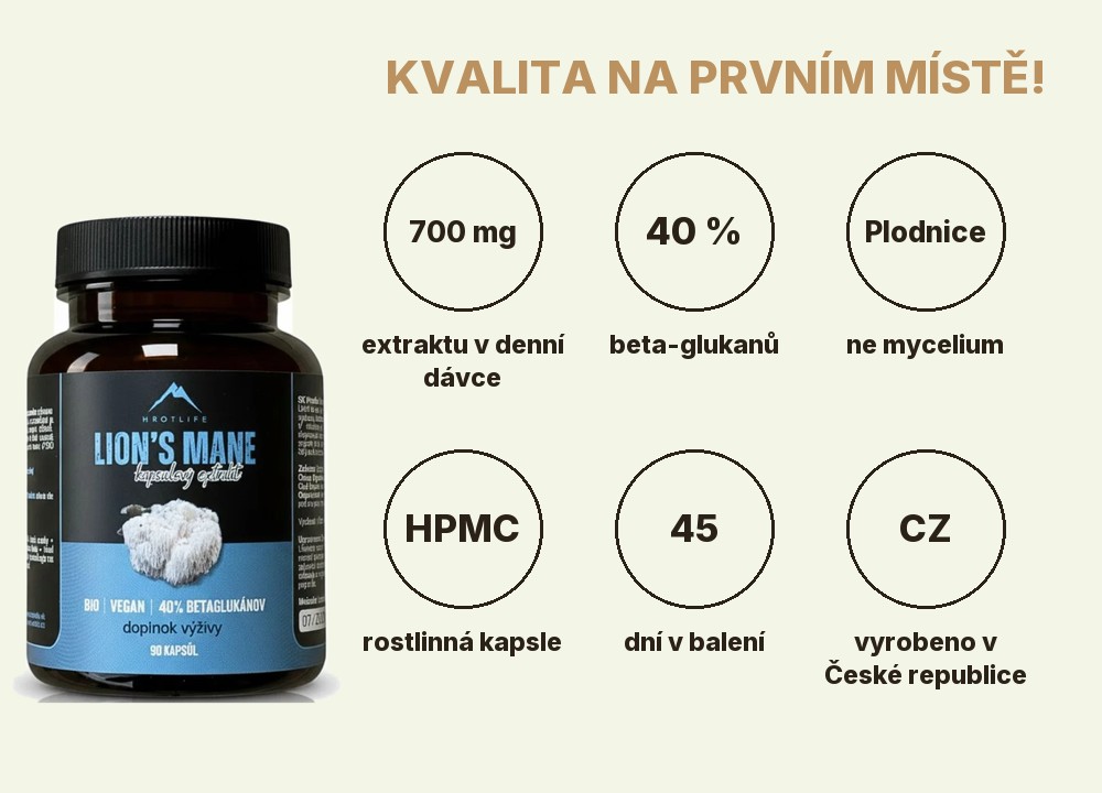 Lion´s mane Hrotlife: 700 mg extraktu v denní dávce, 40 % beta-glukanů, extrakt z plodnice, rostlinná kapsle, 45 dní, vyrobeno v České republice