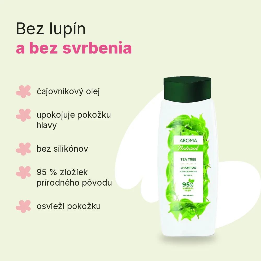 Šampón proti lupinám Čajovník s tea tree Aroma 400 ml, výhody Šampón proti lupinám Čajovník s tea tree Aroma 400 ml, výhody: čajovníkový olej, upokojuje pokožku hlavy, bez silikónov, 95 % zložiek prírodného pôvodu, osvieži pokožku