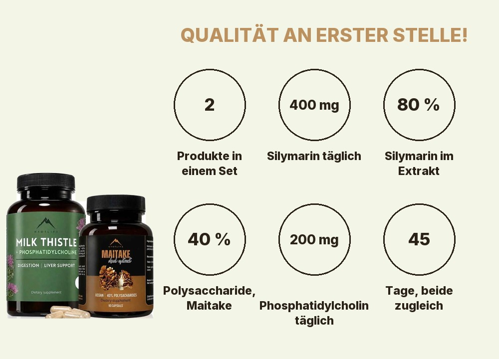 Leberunterstützung Hrotlife: 2 Produkte, 400 mg Silymarin täglich, 80 % Silymarin im Extrakt, 40 % Polysaccharide in Maitake, 200 mg Phosphatidylcholin, 45 Tage