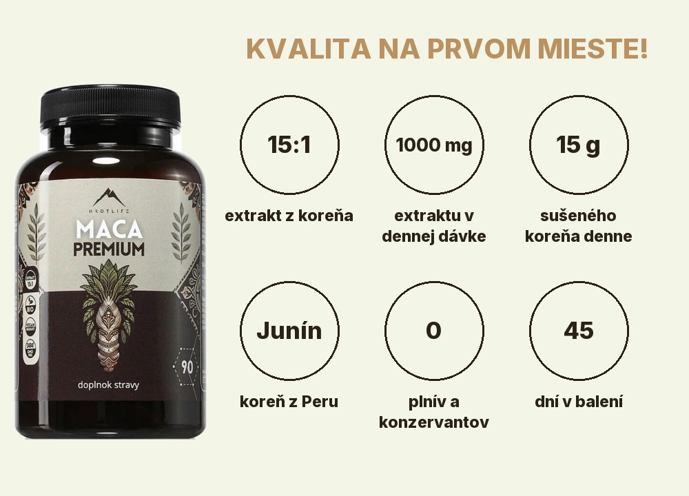 Maca peruánska Hrotlife: extrakt z koreňa 15:1, 1000 mg extraktu denne, 10 g sušeného koreňa, pôvod Junín v Peru, bez plnív a konzervantov, 45 dní