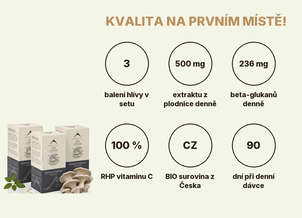 Imunita pro děti Hrotlife: 3 balení hlívy, 500 mg extraktu z plodnice, 236 mg beta-glukanů, 100 % RHP vitaminu C, BIO surovina z Česka, 90 dní