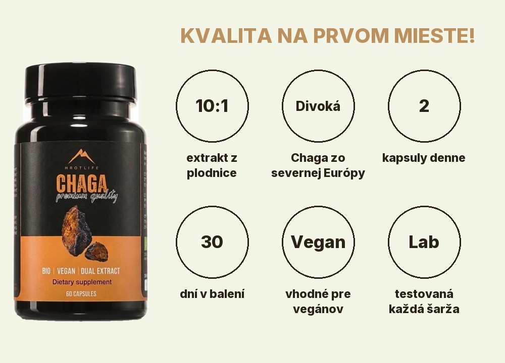 Chaga Hrotlife: extrakt 10:1 z plodnice, divoký zber v severnej Európe, 2 kapsuly denne, 30 dní, vhodné pre vegánov, každá šarža laboratórne testovaná