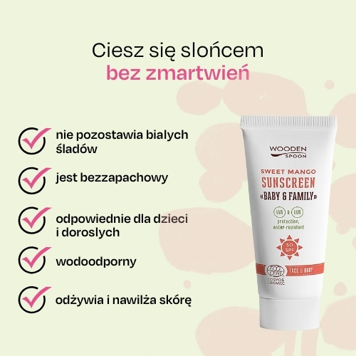 Mineralny krem przeciwsłoneczny do ciała i twarzy Baby & Family Mango SPF50 Wooden Spoon mini 10ml próbka