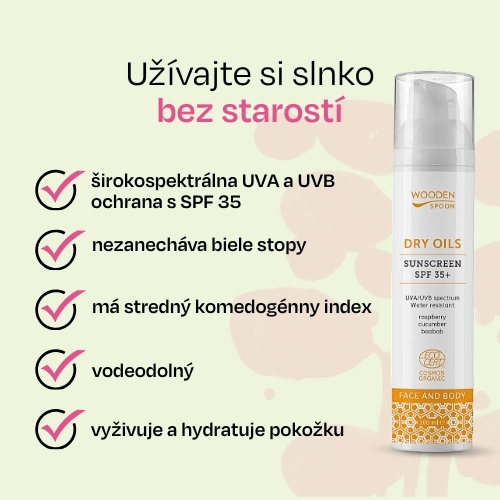 Opaľovacie mlieko na tvár a telo so suchými olejmi SPF 35+ Wooden Spoon 100ml