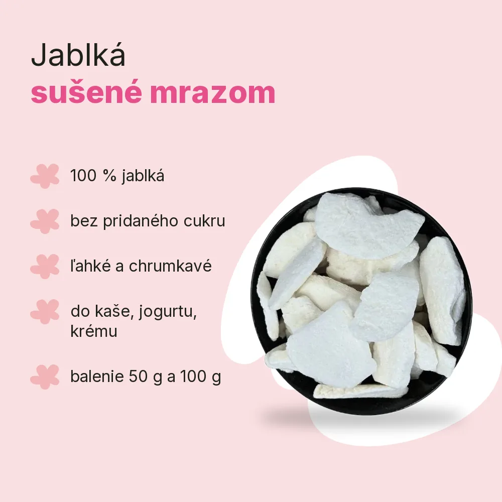 Jablká lyofilizované plátky Emerosa, výhody Jablká lyofilizované plátky Emerosa, výhody: 100 % jablká, bez pridaného cukru, ľahké a chrumkavé, do kaše, jogurtu, krému, balenie 50 g a 100 g