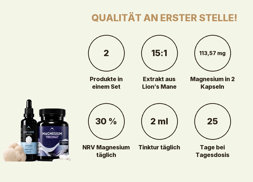 Nootropic Bundle Hrotlife: 2 Produkte, Lion’s Mane Extrakt 15:1, 113,57 mg Magnesium, 30 % NRV, 2 ml Tinktur täglich, 25 Tage