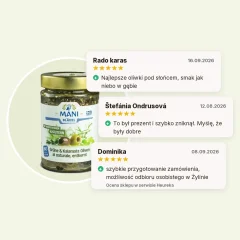 Oliwki Kalamata i zielone oliwki z ziołami śródziemnomorskimi, bez pestek, organiczne MANI 175g Oliwki Kalamata i zielone oliwki z ziołami śródziemnomorskimi, bez pestek, organiczne MANI 175g