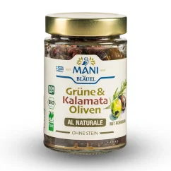 Olivy Kalamata a zelené olivy al naturale s rozmarýnem bez pecky organické MANI 175g
