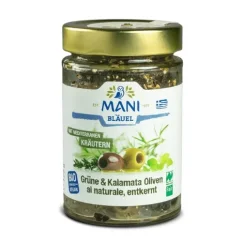 Olivy Kalamata a zelené olivy se středomořskými bylinkami bez pecky organické MANI 175g