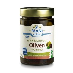Olivy Kalamata a zelené olivy v olivovém oleji organické MANI 280g