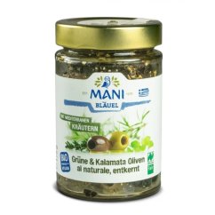 Olivy Kalamata a zelené olivy se středomořskými bylinkami bez pecky organické MANI 175g