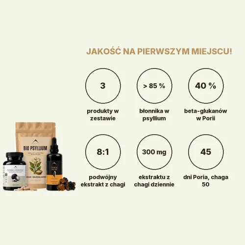 Wsparcie jelit - Poria cocos 90cps + Chaga nalewka 100ml + Psyllium BIO 150g Hrotlife