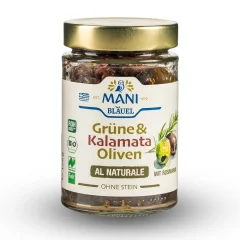 Olivy Kalamata a zelené olivy al naturale s rozmarínom bez kôstky organické MANI 175g Olivy Kalamata a zelené olivy al naturale s rozmarínom bez kôstky organické MANI 175g