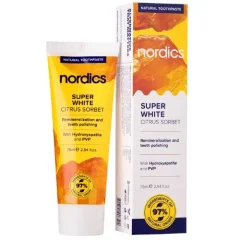 Prírodná remineralizačná zubná pasta Super white citrusový sorbet s "tekutou sklovinou" Nordics 75ml Prírodná remineralizačná zubná pasta Super white citrusový sorbet s "tekutou sklovinou" Nordics 75ml