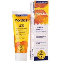 Prírodná remineralizačná zubná pasta Super white citrusový sorbet s "tekutou sklovinou" Nordics 75ml Prírodná remineralizačná zubná pasta Super white citrusový sorbet s "tekutou sklovinou" Nordics 75ml