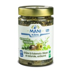 Olivy Kalamata a zelené olivy se středomořskými bylinkami bez pecky organické MANI 175g