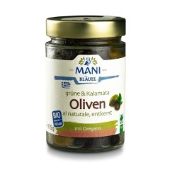 Olivy Kalamata a zelené olivy al naturale bez pecky organické MANI 175g