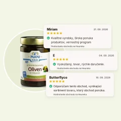 Olivy Kalamata a zelené olivy v olivovom oleji organické MANI 280g, hodnotenia obchodu Olivy Kalamata a zelené olivy v olivovom oleji organické MANI 280g, hodnotenia obchodu