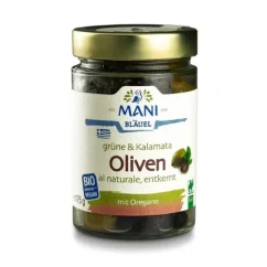 Olivy Kalamata a zelené olivy al naturale bez pecky organické MANI 175g