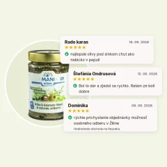 Olivy Kalamata a zelené olivy so stredomorskými bylinkami bez kôstky organické MANI 175g, hodnotenia Olivy Kalamata a zelené olivy so stredomorskými bylinkami bez kôstky organické MANI 175g, hodnotenia