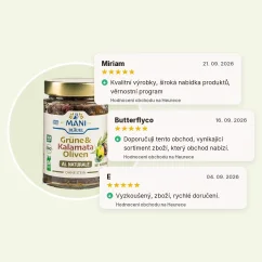 Olivy Kalamata a zelené olivy al naturale s rozmarýnem bez pecky organické MANI 175g