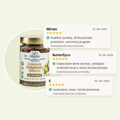 Olivy Kalamata a zelené olivy al naturale s rozmarínom bez kôstky organické MANI 175g, hodnotenia obchodu Olivy Kalamata a zelené olivy al naturale s rozmarínom bez kôstky organické MANI 175g, hodnotenia obchodu