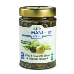 Olivy Kalamata a zelené olivy al naturale s rozmarýnem bez pecky organické MANI 175g
