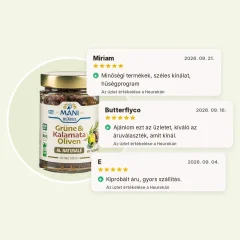 Kalamata és zöld olajbogyó al naturale rozmaringgal, magozott, organikus MANI 175g Kalamata és zöld olajbogyó al naturale rozmaringgal, magozott, organikus MANI 175g
