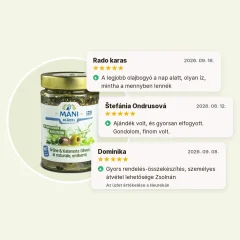 Kalamata és zöld olajbogyó mediterrán fűszernövényekkel, magozott, organikus MANI 175g Kalamata és zöld olajbogyó mediterrán fűszernövényekkel, magozott, organikus MANI 175g