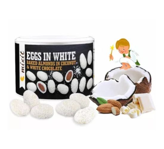 Kokosové vajíčka s mandľou v bielej čokoláde Mixit 240 g