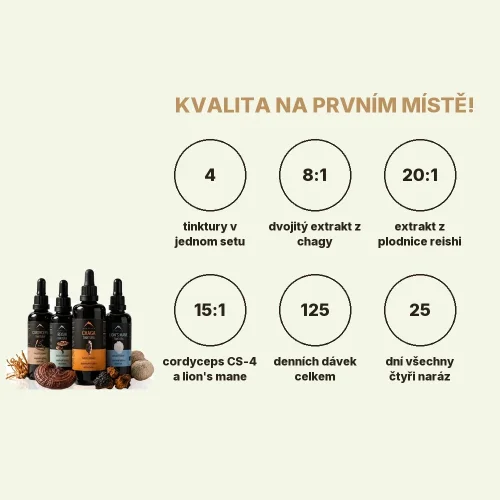 Starter pack tinktury - Chaga + Reishi + Cordyceps + Lion's mane tinktura 100ml Hrotlife
