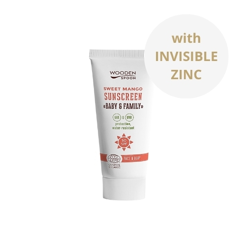 Minerální opalovací krém na tělo a obličej Mango Baby & Family SPF50 Wooden Spoon mini 10ml vzorek