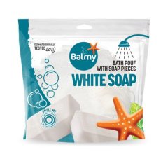 Gąbka łazienkowa z kawałkami białego mydła Balmy 23g Gąbka łazienkowa z kawałkami białego mydła Balmy 23g