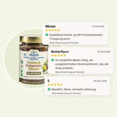Kalamata-Oliven und grüne Oliven al naturale mit Rosmarin, entkernt, Bio MANI 175g