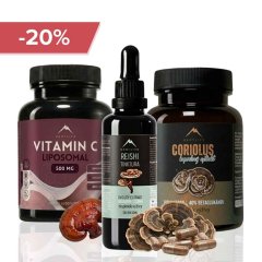Vyhrocená imunita: Reishi tinktura 50ml, Coriolus 90pcs, Vitamín C 60pcs Hrotlife