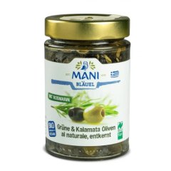 Olivy Kalamata a zelené olivy al naturale s rozmarýnem bez pecky organické MANI 175g