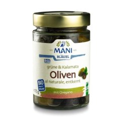 Olivy Kalamata a zelené olivy al naturale bez pecky organické MANI 175g
