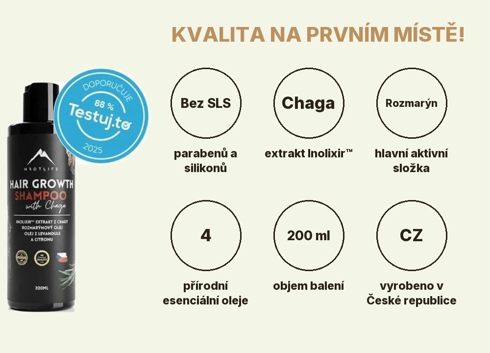 Šampon s extraktem z chagy Hrotlife: bez SLS, extrakt z Chagy Inolixir, rozmarýn, 4 esenciální oleje, 200 ml, vyrobeno v České republice