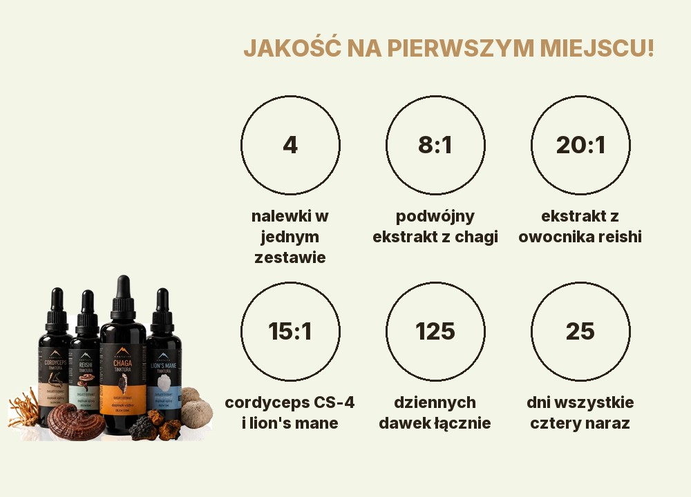 Starter pack nalewek Hrotlife: 4 nalewki, chaga 8:1, reishi 20:1, cordyceps CS-4 i lion's mane 15:1, 125 dziennych dawek, 25 dni