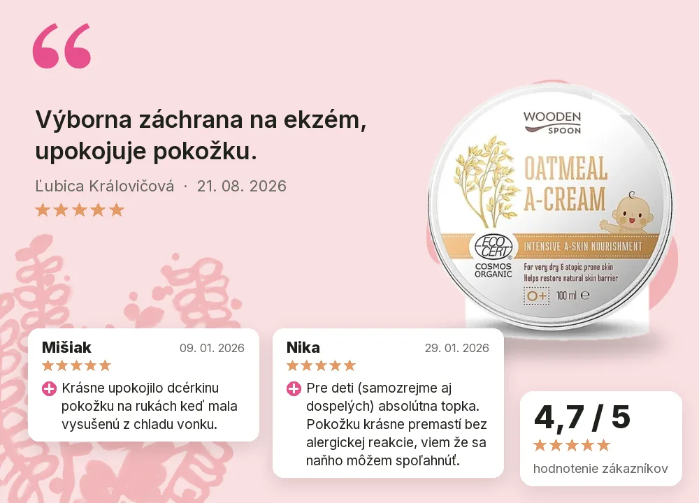 Hydratačné maslo s ovsenými vločkami na atopický ekzém Wooden Spoon 100ml: hodnotenia zákazníkov Hydratačné maslo s ovsenými vločkami na atopický ekzém Wooden Spoon 100ml: hodnotenia zákazníkov 4,7 z 5