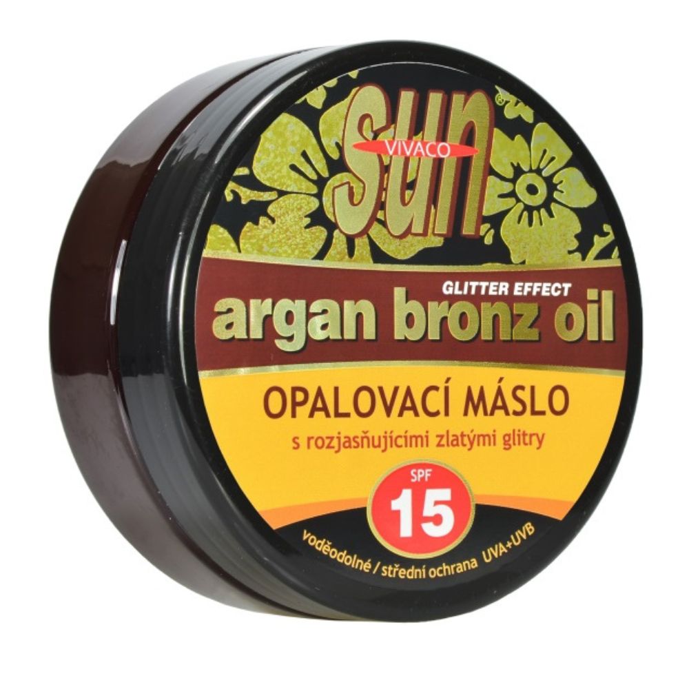 E-shop SUN Argan oil opaľovacie maslo SPF 15 s GLITRAMI pre rýchle zhnednutie VIVACO 200 ml