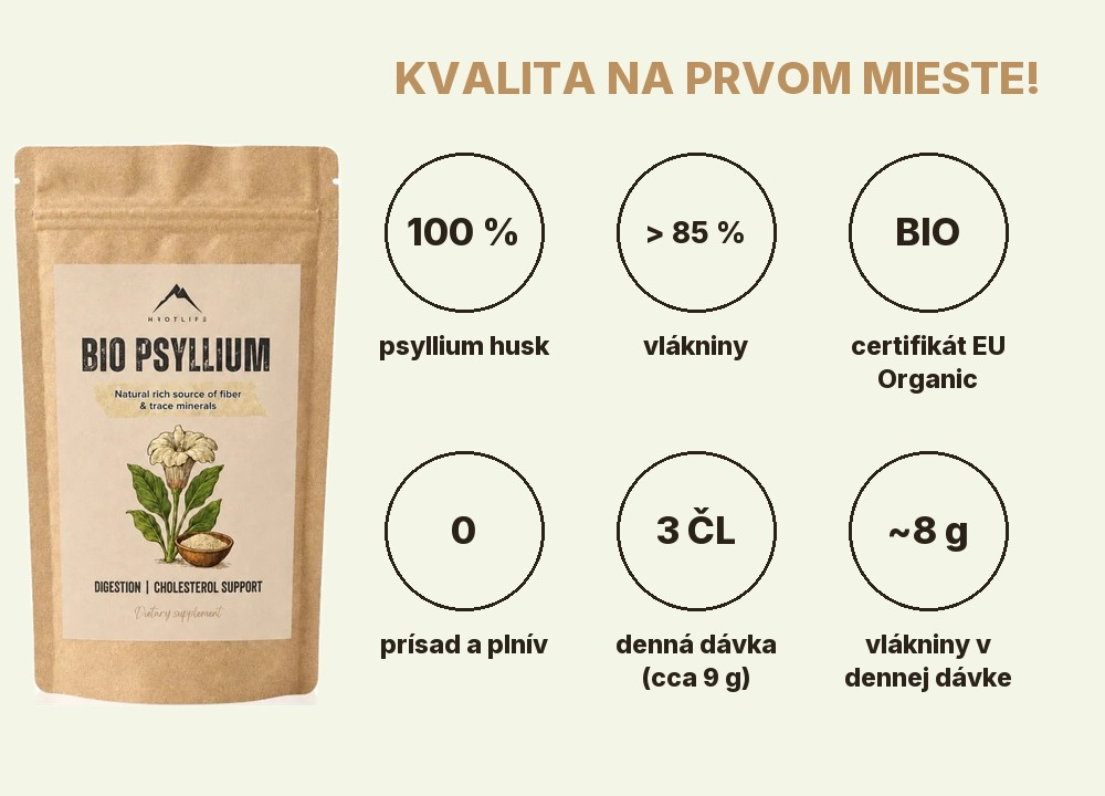 BIO Psyllium Hrotlife: 100 % psyllium husk, viac ako 85 % vlákniny, certifikát EU Organic, bez prísad a plnív, 3 čajové lyžičky denne, približne 8 g vlákniny v dennej dávke