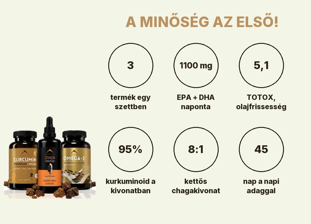 Hrotlife Mediterrán SMART szett: 3 termék, naponta 1100 mg EPA és DHA, TOTOX 5,1, 95% kurkuminoid, chaga 8:1, 45 nap