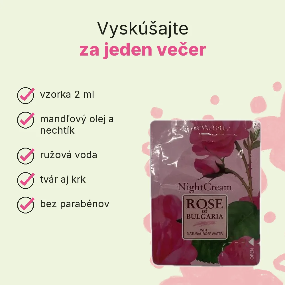 Nočný pleťový krém z ružovej vody Rose of Bulgaria 2ml vzorka – výhody: vzorka 2 ml, mandľový olej, nechtík, vitamín E